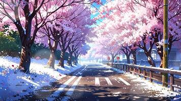 A serene street lined with cherry blossom trees in full bloom, their pink petals contrasting with the snow-covered ground and wooden fence, creating a picturesque and tranquil winter scene video
