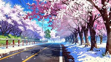 A serene street lined with cherry blossom trees in full bloom, their pink petals contrasting with the snow-covered ground and wooden fence, creating a picturesque and tranquil winter scene video