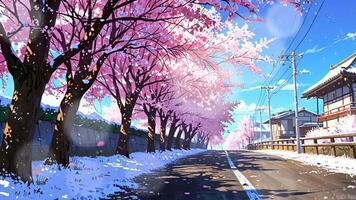 A serene street lined with cherry blossom trees in full bloom, their pink petals contrasting with the snow-covered ground and wooden fence, creating a picturesque and tranquil winter scene video