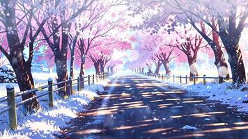 A serene street lined with cherry blossom trees in full bloom, their pink petals contrasting with the snow-covered ground and wooden fence, creating a picturesque and tranquil winter scene video