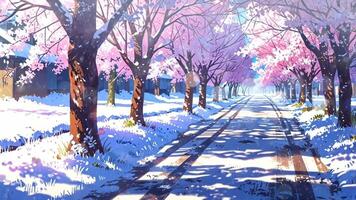 A serene street lined with cherry blossom trees in full bloom, their pink petals contrasting with the snow-covered ground and wooden fence, creating a picturesque and tranquil winter scene video