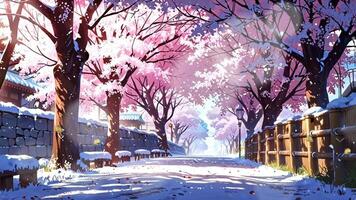 A serene street lined with cherry blossom trees in full bloom, their pink petals contrasting with the snow-covered ground and wooden fence, creating a picturesque and tranquil winter scene video