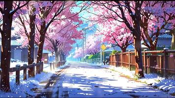 A serene street lined with cherry blossom trees in full bloom, their pink petals contrasting with the snow-covered ground and wooden fence, creating a picturesque and tranquil winter scene video