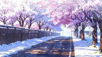 A serene street lined with cherry blossom trees in full bloom, their pink petals contrasting with the snow-covered ground and wooden fence, creating a picturesque and tranquil winter scene video