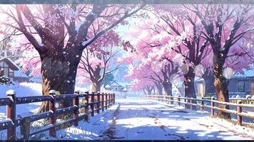 A serene street lined with cherry blossom trees in full bloom, their pink petals contrasting with the snow-covered ground and wooden fence, creating a picturesque and tranquil winter scene video