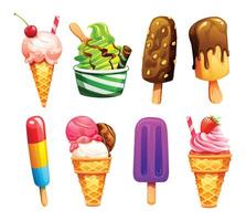 Variety of ice cream in cones, cup and on sticks with toppings. Cartoon illustration vector
