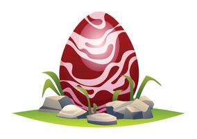 Swirled dino egg in grassy nest with rocks and plants around. Bold and unique pattern. Cartoon illustration vector