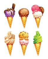 Set of ice cream cones with different scoops, flavors, and toppings. Cartoon illustration vector