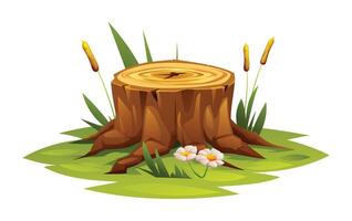 Tree stump surrounded by grass, flowers, and cattails in a natural landscape setting. Cartoon illustration vector