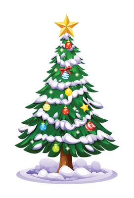 Christmas tree with snow draped branches, colorful ornaments, and a golden star. Cartoon illustration