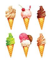 Variety of ice cream cones featuring scoops, swirls, and colorful toppings. Cartoon illustration vector