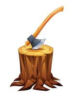 Tree stump with axe, highlighting woodcutting equipment in the forest. Cartoon illustration vector