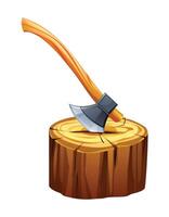 Axe in tree stump, highlighting woodcutting tools in forest setting. cartoon illustration vector
