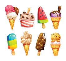 Set of various ice cream in cones, cup and on sticks with toppings. Cartoon illustration vector