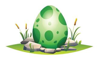 Spotted dino egg resting in a nest with grass and rocks around. Cartoon illustration vector