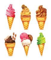 Various ice cream cones with different toppings and flavors. Cartoon illustration vector