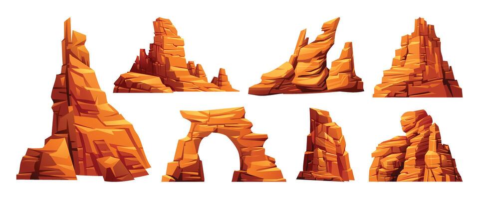 Set of canyon rock formations, including cliffs and arches. Cartoon illustration