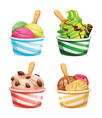 Four scoops of ice cream with wooden spoons in various flavors. Cartoon illustration