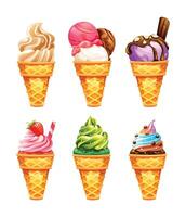 Set of ice cream cones with various flavors, toppings, and swirled designs. Cartoon illustration vector