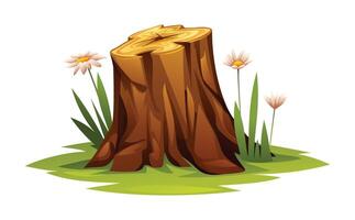 Tree stump with flowers and green grass. Cartoon illustration isolated on white background vector