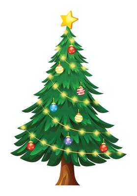 Christmas tree with glowing ornaments, featuring a gold star on top and warm lights. Cartoon illustration