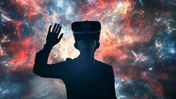 Exploring the Metaverse, A person wearing a VR headset immerses themselves in a digital world, their hands reaching out to interact with the virtual environment. video