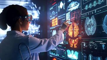 Woman using VR headset to analyze brain scans and medical data in a futuristic laboratory, showcasing the potential of virtual reality in healthcare. video