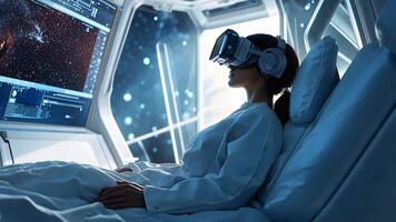 Immersive Virtual Reality Experience Woman in VR Headset Gazes at Cosmic Wonders from Futuristic Space Station, Blending Sci-Fi and Deep Space Exploration video