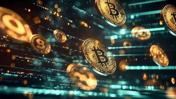Cryptocurrency Investment Bitcoin coins flow through cyberspace, representing the future of finance and online transactions video