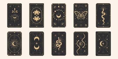 Tarot reverce border magic sacred frame gold line border celelstial mystery esoteric cover card decoration with snake stars and moon on dark background. vector