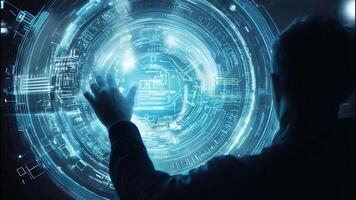 Man Interacts with Futuristic Interface A silhouette of a man reaching out to touch a holographic interface, exploring a world of data and information. video