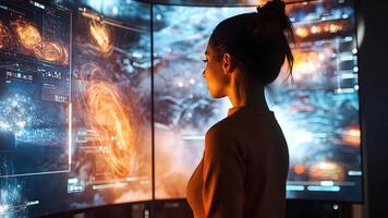 A woman immersed in a digital workspace, surrounded by screens displaying intricate data visualizations video