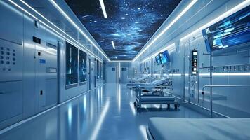 High-Tech Healthcare, A clean and modern hospital corridor equipped with advanced technology and patient monitoring systems. video