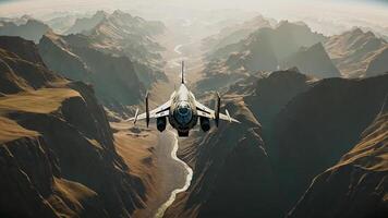 Futuristic fighter jet flying through a mountainous valley with breathtaking views of the terrain. Capturing high-tech aerospace innovation and the thrill of high-speed aerial exploration. video