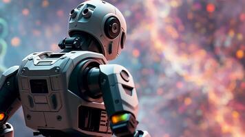 A robot stands with its back to a glowing nebula in space, evoking futuristic technology, artificial intelligence, space exploration. Advances in artificial intelligence ,the wonders of the universe. video