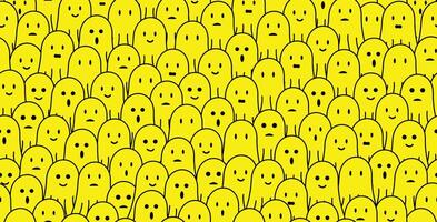 cute yellow ghost doodle seamless pattern background with different face expressions, smile, sad, disappointed, happy, laughing, surprised. For halloween, horror, gift wrap vector