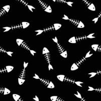 Seamless pattern of fish bones skeleton. Fish bone motif silhouette illustration on a black background vector