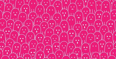 cute pink ghost doodle seamless pattern background with different face expressions, smile, sad, disappointed, happy, laughing, surprised. For halloween, horror, gift wrap vector
