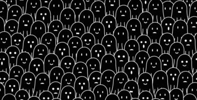 cute black ghost doodle seamless pattern background with different face expressions, smile, sad, disappointed, happy, laughing, surprised. For halloween, horror, gift wrap vector