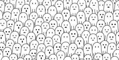 cute ghost doodle seamless pattern background with different face expressions, smile, sad, disappointed, happy, laughing, surprised. For halloween, horror, gift wrap vector