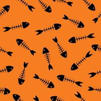 Seamless pattern of fish bones skeleton. Fish bone motif silhouette illustration on a orange background vector
