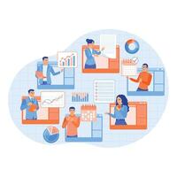 Workflow and work arrangements between employees and colleagues. Business team discussing work projects online. Team communication concept. Flat illustration. vector