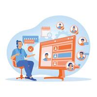 Virtual assistant working with a computer. Man using headphones talking to a customer. Business communication concept. Flat illustration. vector