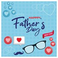 Father's Day text with mustache and glasses. Heart shape on blue background. Father's Day concept. Flat illustration. vector