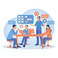 A group of employees is discussing at the table. Exchange opinions in developing the company. Team communication concept. Flat illustration. vector