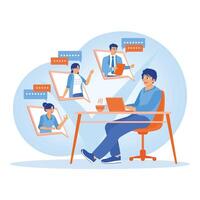 Office workers discuss a project via call. The business team holding online meetings. Remote Work Online concept. Flat illustration. vector