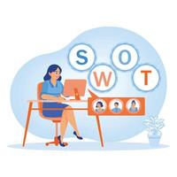 Businesswomen analyzing the stock market. Analyze documents using data graphs and a magnifying glass. Business analysis instruments concept. Flat illustration. Flat illustration. vector