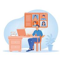 Workers use computers for virtual meetings with colleagues. Men communicate online. Business communication concept. Flat illustration. vector