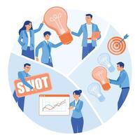 Project management by business teams. SWOT analysis, SMART goal setting, focus groups. Business analysis instruments concept. Flat illustration. vector