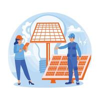 Engineers and technicians are installing solar panels. Sustainable development to produce electrical energy. Solar energy panels concept. Flat illustration. vector